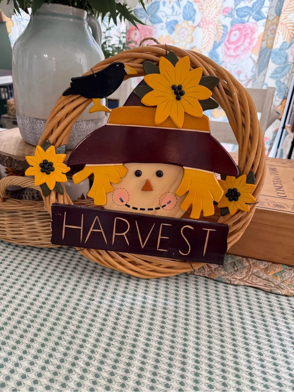 Vintage Harvest Scarecrow Wreath Wall Hanging Decor - Rustic Farmhouse Cottage